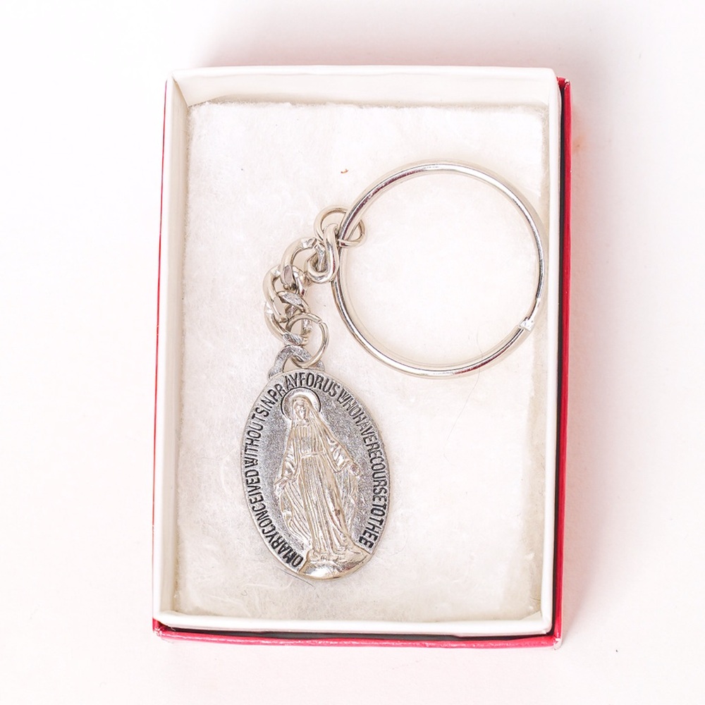 Christian Catholic Virgin Mary Keychain Bag Charm Silver with gift box